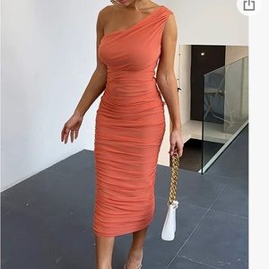 One Shoulder Coral Ruched Midi Dress